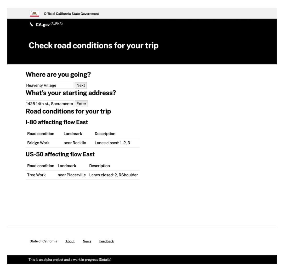 Screenshot of the Alpha.CA.gov design prototype for “Check lane closures for your trip.